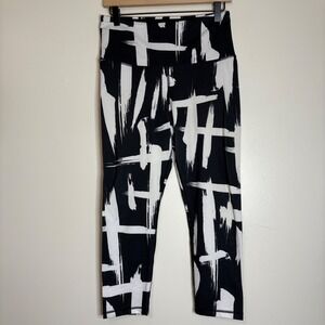 Lucy Black White Brush Stroke Print High Waist Athletic Leggings Women's M‎